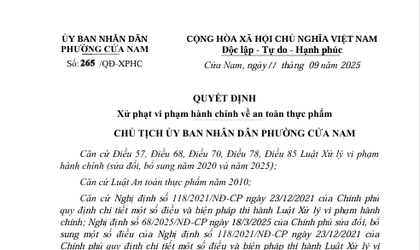 QUYẾT ĐỊNH: Xử phạt vi phạm hành chính về an toàn thực HỘ KINH DOANH TƯỜNG VIÊN