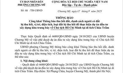 Thông báo thu hồi đất, danh sách người có đất bị thu hồi, vị trí, diện tích, loại đất bị thu hồi để thực hiện dự án đầu tư xây dựng khu trưng bày về Chủ tịch Hồ Chí Minh tại di tích Chùa Trầm