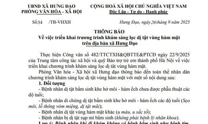 THÔNG BÁO
Về việc triển khai chương trình khám sàng lọc dị tật vùng hàm mặt trên địa bàn xã Hưng Đạo