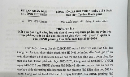 Thông báo kết quả đánh giá năng lực các đơn vị cung cấp thực phẩm, nguyên liệu thực phẩm, suất ăn sẵn cho các cơ sở giáo dục thuộc phạm vi quản lý của UBND phường Phú Diễn năm học 2025 - 2026