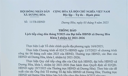 THÔNG BÁO Lịch tiếp công dân tháng 9/2025 của Đại biểu HĐND xã Dương Hòa Khóa I nhiệm kỳ 2021-2026