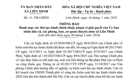 THÔNG BÁO Danh mục các thủ tục hành chính thuộc phạm vi giải quyết của Ủy ban nhân dân xã, các phòng, ban, cơ quan chuyên môn xã Liên Minh (tính đến thời điểm ngày 06 tháng 3 năm 2026)