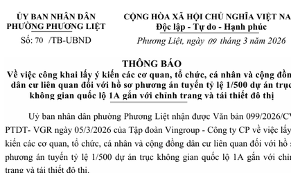Thông báo công khai lấy ý kiến các cơ quan, tổ chức, cá nhân và cộng đồng dân cư liên quan đối với hồ sơ phương án tỷ lệ 1/500 dự án trục không gian quốc lộ 1A gắn với chỉnh trang và tái thiết đô thị