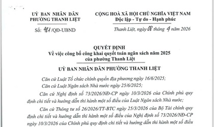 Về việc công bố công khai quyết toán ngân sách năm 2025 của phường Thanh Liệt