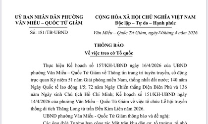 PHƯỜNG VĂN MIẾU – QUỐC TỬ GIÁM THÔNG BÁO TREO CỜ TỔ QUỐC CHÀO MỪNG CÁC NGÀY LỄ LỚN CỦA ĐẤT NƯỚC VÀ LỄ HỘI TRUYỀN THỐNG ĐỀN KIM LIÊN NĂM 2026