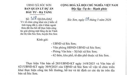 TỔ CHỨC CÔNG KHAI XIN Ý KIẾN VỀ TÌNH TRẠNG ĐẤT Ở, NHÀ Ở KHÁC NGOÀI THỬA ĐẤT THU HỒI ĐỂ THỰC HIỆN CÔNG TÁC GIẢI PHÓNG MẶT BẰNG DỰ ÁN VÀNH ĐAI THỊ TRẤN SÓC SƠN, HUYỆN SÓC SƠN