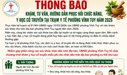THÔNG BÁO KHÁM, TƯ VẤN, HƯỚNG DẪN PHỤC HỒI CHỨC NĂNG, Y HỌC CỔ TRUYỀN TẠI TRẠM Y TẾ PHƯỜNG VĨNH TUY NĂM 2026