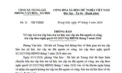 THÔNG BÁO
Về việc trả trợ cấp bảo trợ xã hội, trợ cấp ưu đãi người có công, trợ cấp theo nghị quyết 02/2025/NQ-HĐND tháng 5 năm 2026