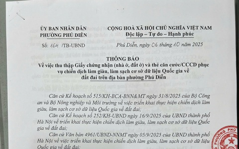 Thông báo về việc thu thập Giấy chứng nhận (nhà ở, đất ở) và thẻ căn cước/CCCD phục vụ chiến dịch làm giàu, làm sạch cơ sở dữ liệu Quốc gia về đất đai trên địa bàn phường Phú Diễn