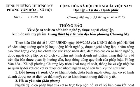 Thông báo về việc rà soát cơ sở hành nghề y, dược ngoài công lập, kinh doanh mỹ phẩm, trang thiết bị y tế trên địa bàn phường Chương Mỹ