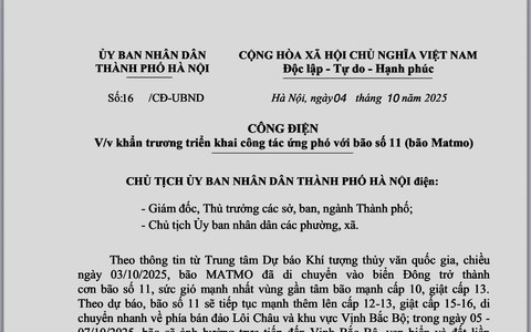 Công điện của UBND Thành phố Hà Nội về việc ứng phó với cơn bão số 11