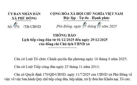 Lịch tiếp công dân từ 01/11/2025 đến ngày 28/11/2025 của đồng chí Chủ tịch UBND xã