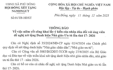 Thông báo về việc niêm yết công khai lấy ý kiến của nhân dân đối với ứng viên đề nghị xét tặng Danh hiệu Nhà giáo ưu tú lần thứ 17-2026