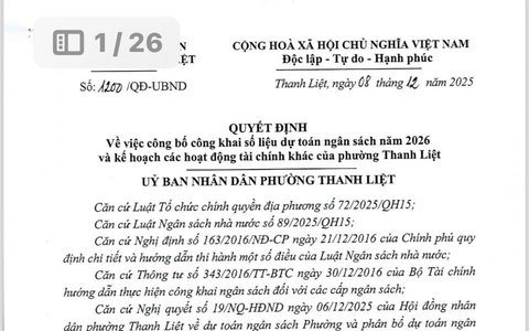 UBND phường Thanh Liệt công bố công khai số liệu dự toán ngân sách năm 2026 và kế hoạch các hoạt động tài chính khác của phường Thanh Liệt