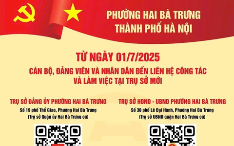 Phường Hai Bà Trưng: Thông báo địa điểm trụ sở làm việc của phường kể từ ngày 01/7/2025.