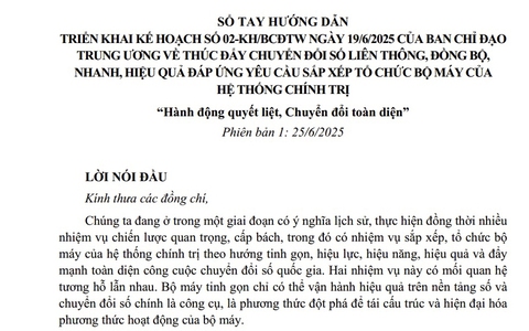 SỔ TAY HƯỚNG DẪN
TRIỂN KHAI KẾ HOẠCH SỐ 02-KH/BCĐTW NGÀY 19/6/2025 CỦA BAN CHỈ ĐẠO TRUNG ƯƠNG VỀ THÚC ĐẨY CHUYỂN ĐỔI SỐ LIÊN THÔNG, ĐỒNG BỘ, NHANH, HIỆU QUẢ ĐÁP ỨNG YÊU CẦU SẮP XẾP TỔ CHỨC BỘ MÁY CỦA HỆ THỐNG CHÍNH TRỊ