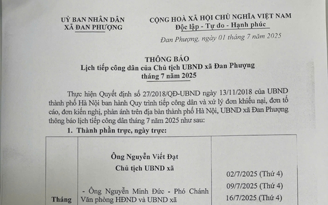Thông báo về lịch tiếp công dân của Chủ tịch UBND xã Đan Phượng tháng 7 năm 2025