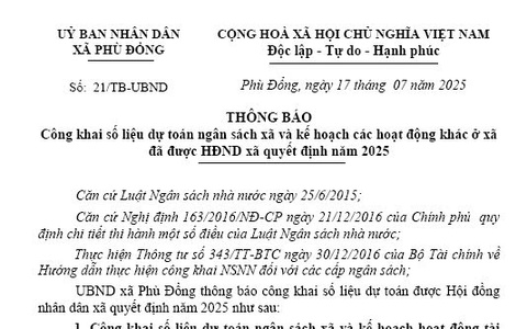 Thông báo công khai số liệu dự toán ngân sách xã và kế hoạch các hoạt động khác ở xã đã được HĐND xã quyết định năm 2025
