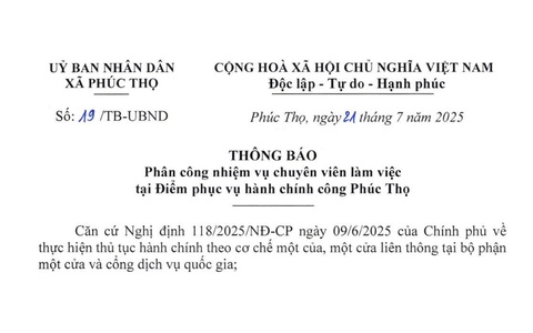 Thông báo phân công nhiệm vụ các chuyên viên làm việc tại Điểm phục vụ hành chính công Phúc Thọ 