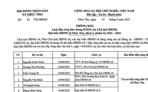Thông báo Lịch tiếp công dân tháng 8/2025 của Chủ tịch HĐND, Đại biểu HĐND xã Phúc Thọ, khoá I, nhiệm kỳ 2021 - 2026