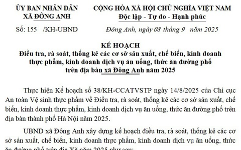 Kế hoạch Điều tra, rà soát, thống kê các cơ sở sản xuất, chế biến, kinh doanh thực phẩm, kinh doanh dịch vụ ăn uống, thức ăn đường phố trên địa bàn xã Đông Anh năm 2025