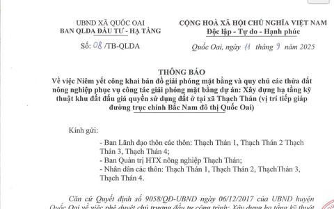 THÔNG BÁO Về việc niêm yết công khai bản đồ giải phóng mặt bằng và quy chủ các thửa đất nông nghiệp phục vụ công tác giải phóng mặt bằng dự án 