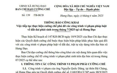 THÔNG BÁO
Việc tiếp tục thực hiện cưỡng chế phá dỡ các công trình vi phạm pháp luật về đất đai