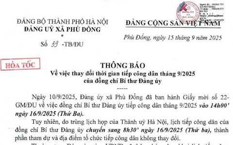 Thông báo thay thời gian tiếp công dân tháng 9/2025 của đồng chí Bí thư Đảng ủy xã Phù Đổng