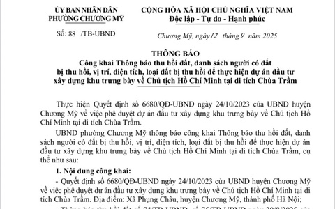 Thông báo thu hồi đất, danh sách người có đất bị thu hồi, vị trí, diện tích, loại đất bị thu hồi để thực hiện dự án đầu tư xây dựng khu trưng bày về Chủ tịch Hồ Chí Minh tại di tích Chùa Trầm