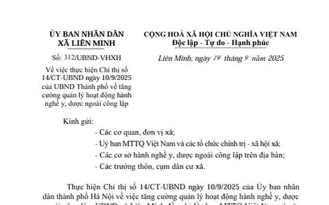 UBND xã Liên Minh triển khai Chỉ thị số 14/CT-UBND ngày 10/9/2025 của UBND Thành phố về tăng cường quản lý hoạt động hành nghề y, dược ngoài công lập