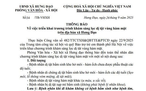 THÔNG BÁO
Về việc triển khai chương trình khám sàng lọc dị tật vùng hàm mặt trên địa bàn xã Hưng Đạo