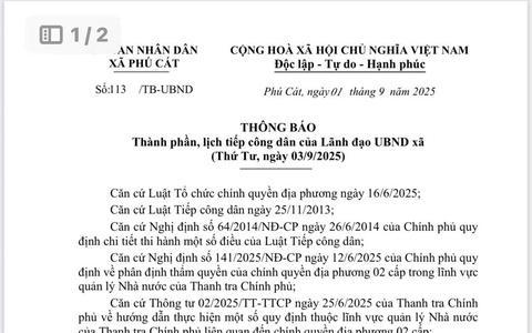 Thông báo thành phần, lịch tiếp công dân của lãnh đạo UBND xã Phú Cát ( Thứ 4, ngày 03/9/2025)