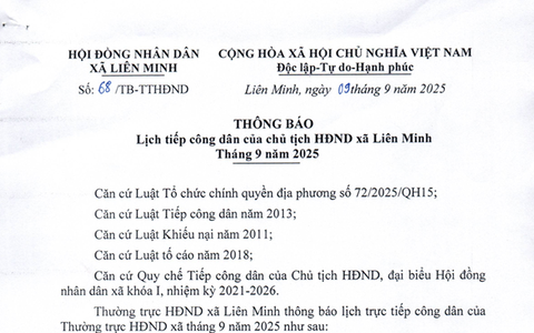 Thông báo Lịch tiếp công dân của Chủ tịch Hội đồng nhân dân xã Liên Minh tháng 9/2025