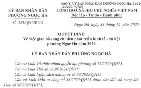 Quyết định giao bổ sung chỉ tiêu phát triển kinh tế - xã hội phường Ngọc Hà năm 2026