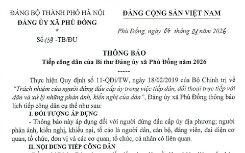 Lịch tiếp công dân của đồng chí Bí thư Đảng ủy xã Phù Đổng năm 2026