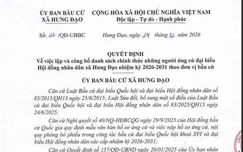 QUYẾT ĐỊNH
Về việc lập và công bố danh sách chính thức những người ứng cử đại biểu Hội đồng nhân dân xã Hưng Đạo nhiệm kỳ 2026-2031 theo đơn vị bầu cử