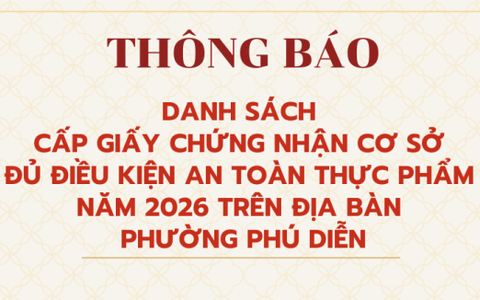 THÔNG BÁO DANH SÁCH CẤP GIẤY CHỨNG NHÂN CƠ SỞ ĐỦ ĐIỀU KIỆN AN TOÀN THỰC PHẨM NĂM 2026 TRÊN ĐỊA BÀN PHƯỜNG PHÚ DIỄN