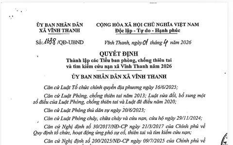 Xã Vĩnh Thanh thành lập các Tiểu ban phòng, chống thiên tai và tìm kiếm cứu nạn năm 2026