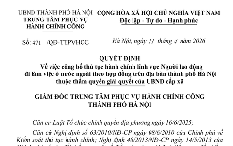 QUYẾT ĐỊNH 
Về việc công bố thủ tục hành chính lĩnh vực Người lao động 
đi làm việc ở nước ngoài theo hợp đồng trên địa bàn thành phố Hà Nội 
thuộc thẩm quyền giải quyết của UBND cấp xã