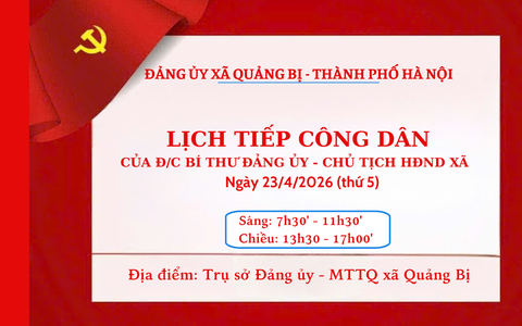 Lịch tiếp công dân của đồng chí Bí thư Đảng ủy, Chủ tịch HĐND xã Quảng Bị ngày 23/4/2026