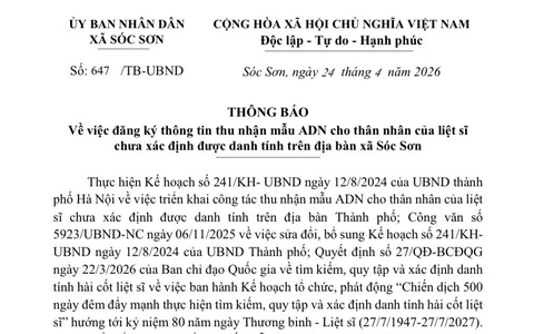 XÃ SÓC SƠN TRIỂN KHAI ĐĂNG KÝ THU NHẬN MẪU  ADN CHO THÂN NHÂN LIỆT SĨ CHƯA XÁC ĐỊNH DANH TÍNH.
