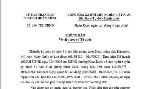 Treo cờ Tổ quốc nhân dịp kỷ niệm 51 năm Ngày Giải phóng miền Nam, thống nhất Đất nước (30/4/1975 - 30/4/2026); 140 năm Ngày Quốc tế lao động (01/5/1886 - 01/5/2026) và 136 năm Ngày sinh Chủ tịch Hồ Chí Minh (19/5/1890 - 19/5/2026)