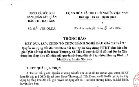 XÃ SÓC SƠN THÔNG BÁO KẾT QUẢ LỰA CHỌN TỔ CHỨC HÀNH NGHỀ ĐẤU GIÁ TÀI SẢN