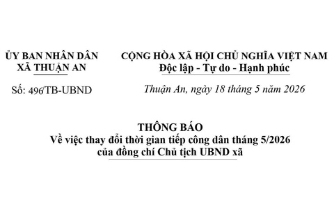 Thông báo thay đổi thời gian tiếp công dân tháng 5/2026 của đồng chí Chủ tịch UBND xã