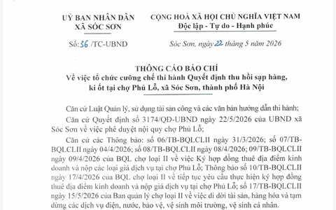 THÔNG CÁO BÁO CHÍ VỀ VIỆC TỔ CHỨC CƯỠNG CHẾ THI HÀNH QUYẾT ĐỊNH THU HỒI SẠP HÀNG, KI ỐT TẠI CHỢ PHỦ LỖ, XÃ SÓC SƠN, THÀNH PHỐ HÀ NỘI.