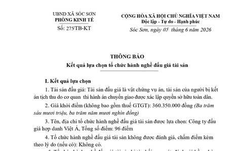 KẾT QUẢ LỰA CHỌN TỔ CHỨC HÀNH NGHỀ ĐẤU GIÁ VẬT CHỨNG VỤ ÁN, TÀI SẢN TỊCH THU