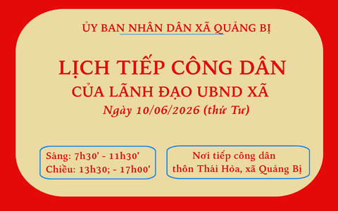 Lịch tiếp công dân của Lãnh đạo UBND xã ngày 10/6/2026 (Thứ Tư)