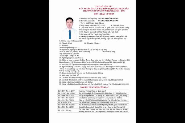 Tiểu sử tóm tắt của người ứng cử đại biểu HĐND phường Chương Mỹ khóa II, nhiệm kỳ 2026 - 2031 tại đơn vị bầu cử số 07