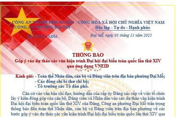 Thông báo góp ý vào dự thảo các văn kiện trình Đại hội đại biểu toàn quốc lần thứ XIV qua ứng dụng VNEID