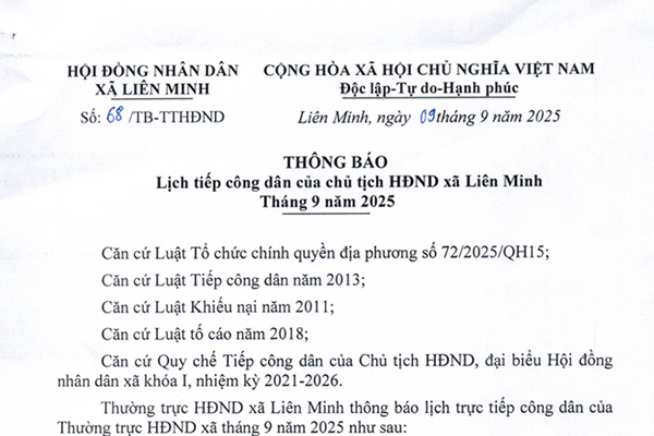 Thông báo Lịch tiếp công dân của Chủ tịch Hội đồng nhân dân xã Liên Minh tháng 9/2025